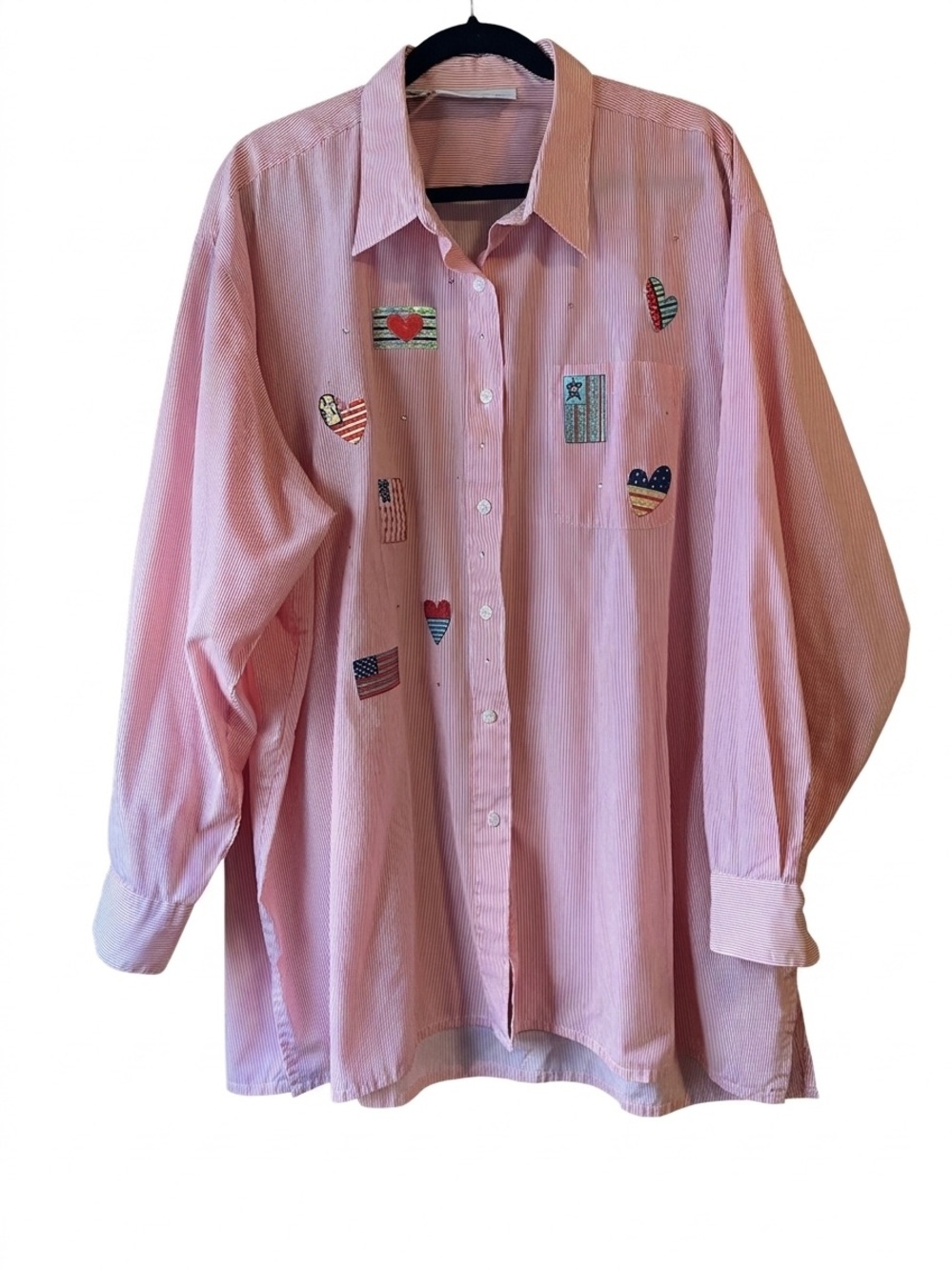 Mili Designs 2X Red Pinstripe Button Down Shirt American Flag Patriotic Bling